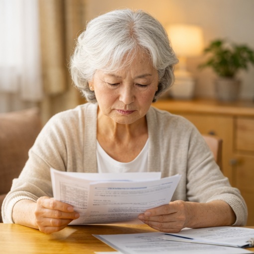 書類を前に悩む高齢女性