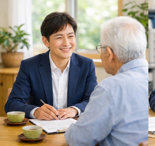 ご自宅を訪問し高齢者と相談するスタッフ